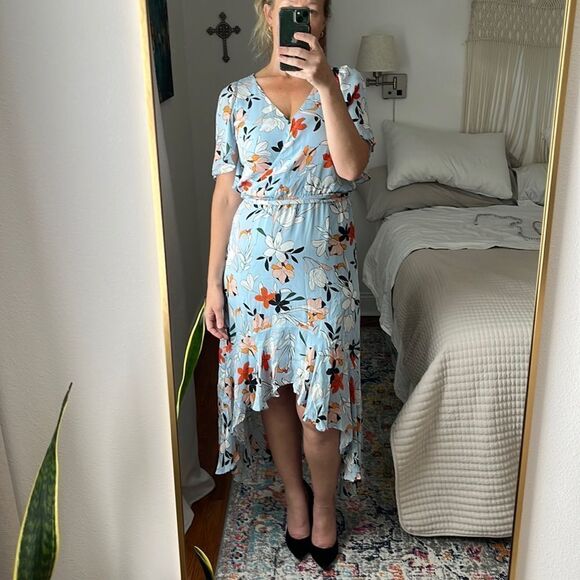 Parker Dress Womens Small Blue‎ Silk Floral Midi Ruffle High Low - Picture 1 of 8